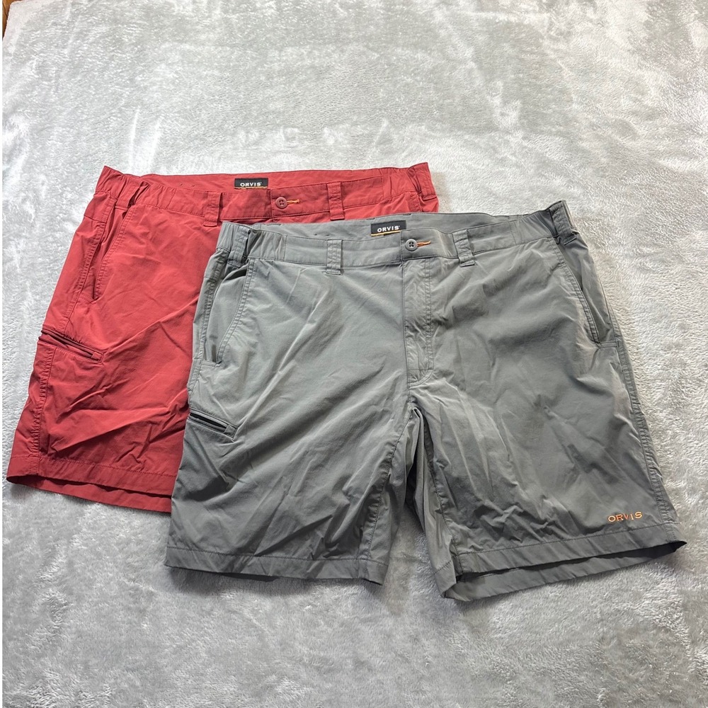 (Lot Of 2)  Orvis Mens Tech Cargo Shorts Gray Red Nylon Stretch Size XL